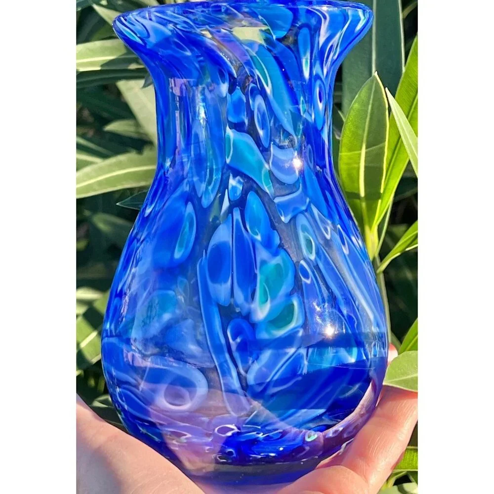 Bohemia Czech Republic Vase Blue & Green Swirl Blown Glass  6” READ Gift Art
